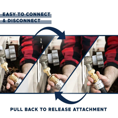 Solid Brass Garden Hose Quick Connectors Set 3/4 Inch GHT Thread Includes Six Male and Six Female Connectors Plus Teflon Tape Washers and O Rings for Leak Proof Heavy Duty Rust Proof Performance being connected.