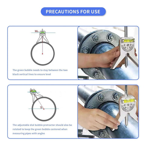 Pipe center finder tool with 4in Y-type base and adjustable dial bubble protractor; white and gray body with yellow bubble.