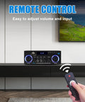 Person using remote control with AK50 Amplifier For Home Audio With Bluetooth 5.0 Big Room Filling Sound And Crisp Bass 500W Max Power