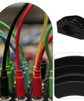 Heavy Duty Black Cable Clamp Snaps On Fast To Secure High Voltage Wires And Electrical Connectors, close-up of wires and clamp.