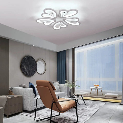 Living room with Dope Modern LED Flush Mount Ceiling Light 55W Five Petal Metal Flower Chandelier With Acrylic Diffuser