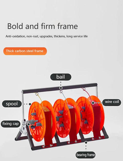 Heavy Duty Wire Spool Organizer With Wheels Foldable 5 Axis Reel Dispenser and Spool Rack for electrical workshops, steel frame