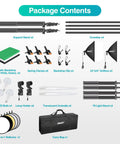 Package contents of 8.5 By 10 Foot Backdrop Support System With Pro Lighting Kit, 5500K 50W LED, backdrops, reflectors, umbrellas.