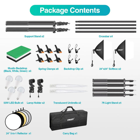 Package contents of 8.5 By 10 Foot Backdrop Support System With Pro Lighting Kit, 5500K 50W LED, backdrops, reflectors, umbrellas.