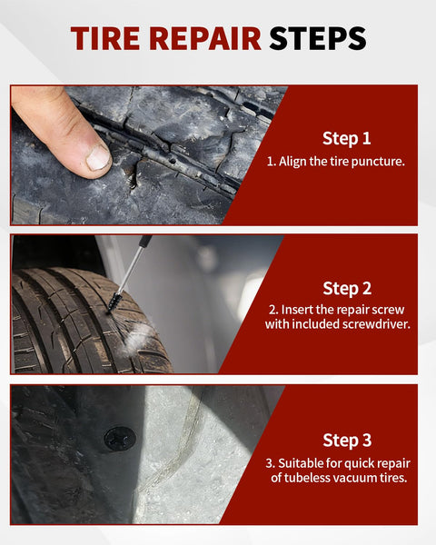 Image showing step-by-step instructions for using the Self Service Tire Repair Kit With 60 Piece Rubber Nail Plugs And Screw Type Plugs Plus Screwdriver For Car Truck Motorcycle Tractor Puncture Repair On The Go.