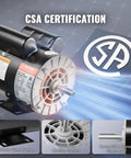 Your Go To 5HP SPL Air Compressor Motor 230V 56 Frame 3450 RPM Open Drip Proof Single Phase 17.6 Amps Five Eighths Inch Keyed Shaft 1.88 Inch Shaft Length CW CCW Rotation with CSA certification badge