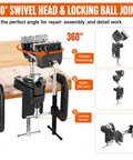 Heavy Duty 360 Degree Swivel Bench Gun Vise With Dual Table Clamps And No Sweat Zero Drill Mounting, showing adjustable swivel head and clamps.