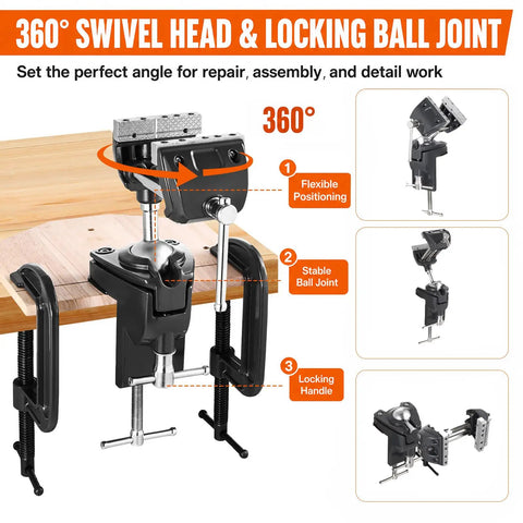 Heavy Duty 360 Degree Swivel Bench Gun Vise With Dual Table Clamps And No Sweat Zero Drill Mounting, showing adjustable swivel head and clamps.
