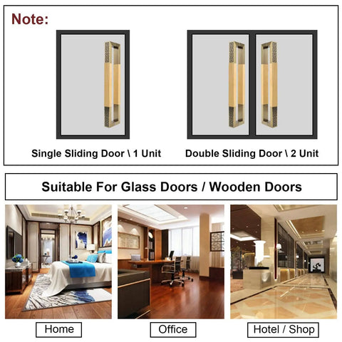 Diagram showing a Double Sided H Shape Push Pull Bar Handle for barn and sliding doors, suitable for glass and wooden doors.
