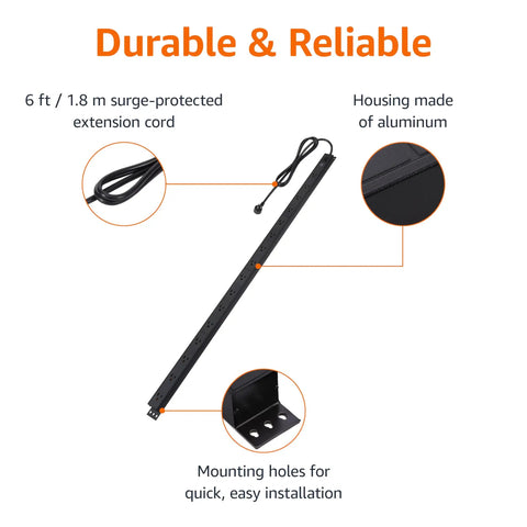 Built Like A Tank 16 Outlet Surge Protector Power Strip With 6 Foot Extension Cord wide spaced aluminum housing features extension cord and mounting holes.