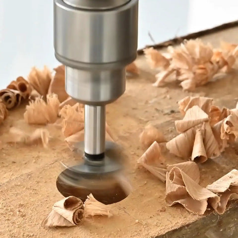 Heavy Duty Carbide Tipped Forstner Drill Bit Set Packs Sixteen Badass Sizes drilling clean hole in wood with shavings.