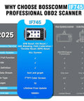 Comparison chart showing features of IF745 All Systems OBD2 Scanner And Scan Tool With 6 Reset Functions Including ABS Bleed Oil EPB SAS Throttle Battery Full Diagnostic Code Reader For Cars And Trucks Lifetime Free Updates And Auto VIN
