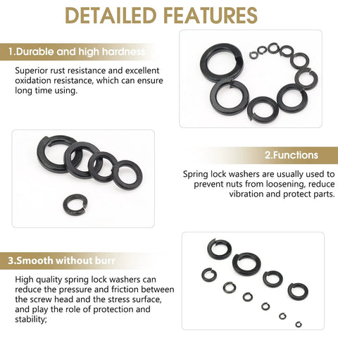 Kindroufly lock washer assortment kit, 1000 pcs, 9 sizes (M2–M12), alloy steel with black finish