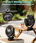 Massive 40000mAh Clip On Fan With Light 2 In 1 Portable USB Rechargeable Fan displayed clipped to a table outdoors.