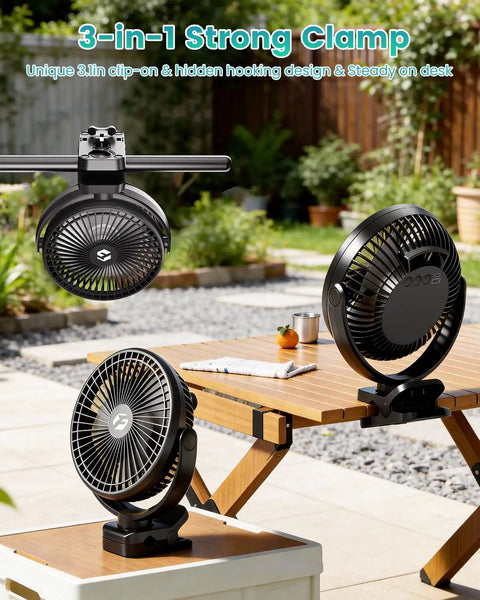 Massive 40000mAh Clip On Fan With Light 2 In 1 Portable USB Rechargeable Fan displayed clipped to a table outdoors.