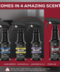 Four bottles of Blaze Away Industrial Strength Air Freshener And Odor Eliminator For Strong Odors No More Stink Long Lasting Room Spray And Deodorizer For Home Cars Smoke And Pet Odors Powerful Odor Absorber That Tackles Odors At The Source in different scents.