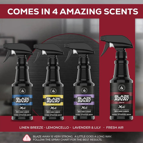 Four bottles of Blaze Away Industrial Strength Air Freshener And Odor Eliminator For Strong Odors No More Stink Long Lasting Room Spray And Deodorizer For Home Cars Smoke And Pet Odors Powerful Odor Absorber That Tackles Odors At The Source in different scents.