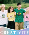 Group of four friends in colorful graphic t-shirts near a river, showcasing designs made with Printable Heat Transfer Paper For Light Fabrics 8.5 By 11 Inches Pack Of 20 Sheets For Inkjet Iron On T Shirts Transfers With High Color Vibrancy And Wash Durable No Fuss DIY.