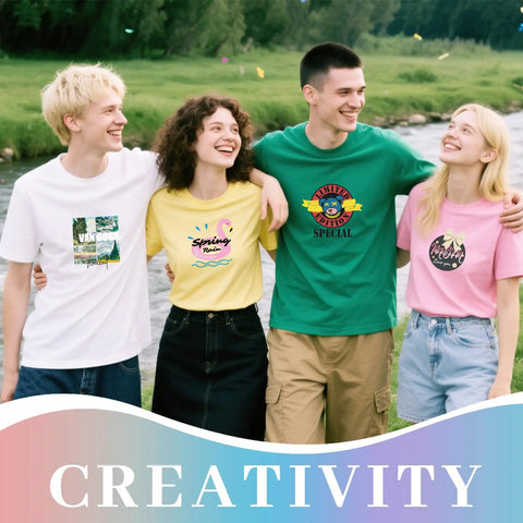 Group of four friends in colorful graphic t-shirts near a river, showcasing designs made with Printable Heat Transfer Paper For Light Fabrics 8.5 By 11 Inches Pack Of 20 Sheets For Inkjet Iron On T Shirts Transfers With High Color Vibrancy And Wash Durable No Fuss DIY.