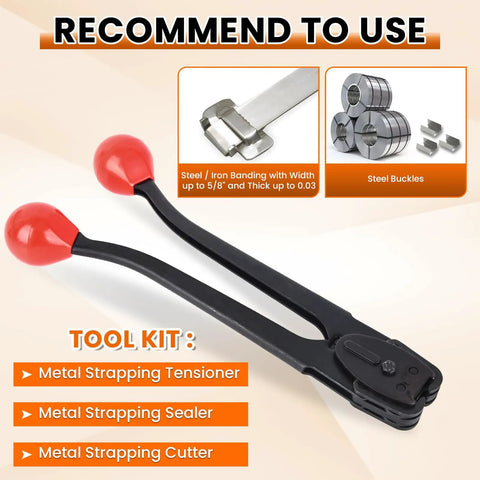 Workhorse Steel Banding Tool And Strapping Sealer Built For Fast Five Eighth Inch Metal Strap Crimping And No Fuss High Tensile Package Sealing With Non Slip Rubber Grip And Smooth Leverage showing tools for tensioning and sealing metal straps.