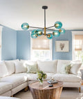 Blue Glass Globe Sputnik Chandelier 8 Light Modern Pendant Fixture For Dining Room Living Room Island Kitchen And Bedroom With Mid Century Vibe And Metal Frame in modern living room