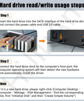 Hard drive read/write usage steps for Rock Solid 5 Bay Hard Drive Duplicator And Offline Clone Station, including SATA connection tips.