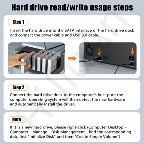 Hard drive read/write usage steps for Rock Solid 5 Bay Hard Drive Duplicator And Offline Clone Station, including SATA connection tips.