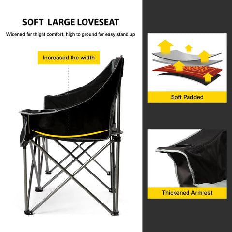 Side view of oversized fully padded camping chair folding loveseat for outdoors, highlighting thickened armrest and padding.