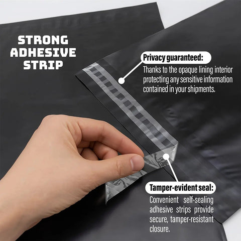 Close-up of hand peeling adhesive strip on Durable Black 14.5x19 Inch Poly Mailers, 100 Pack, Waterproof Self Sealing Shipping Bags