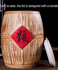 Solid Ceramic Rice Bucket Jar With Lid, Airtight Food Storage Crock For Grains Snacks Coffee Beans Dispenser, side view with detailed lid handle.