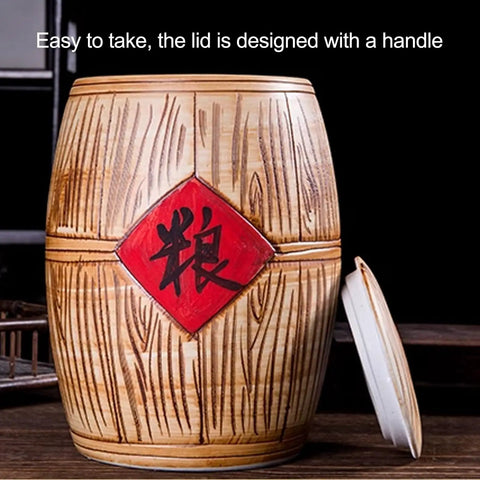 Solid Ceramic Rice Bucket Jar With Lid, Airtight Food Storage Crock For Grains Snacks Coffee Beans Dispenser, side view with detailed lid handle.