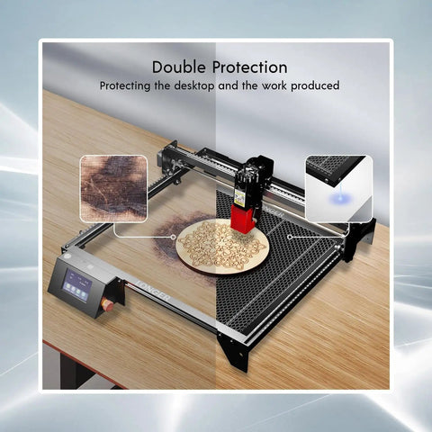 Beast Mode 20W Laser Engraver with Air Pump on 440 mm by 440 mm honeycomb bed, showing double protection on wooden design
