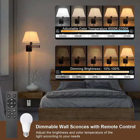 Plug In Wall Sconce With Remote Dimmer And Adjustable Color Temperature 2700K To 6500K, Swing Arm, 11.8 Inch Beige Fabric Shade