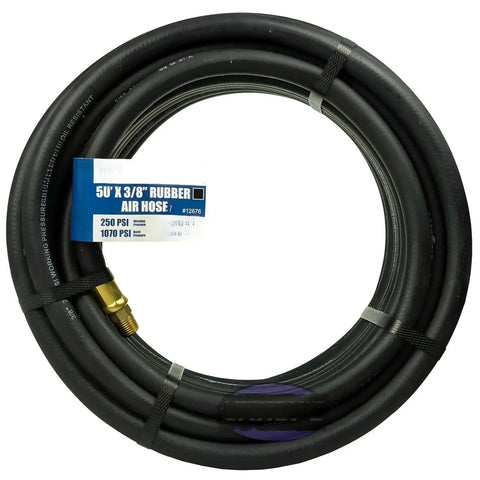 50 Foot 3/8 Inch Rubber Air Hose With 1/4 Inch Male NPT Solid Brass Ends Air Compressor Line 250 Psi coiled with label.