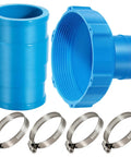 Pool Vacuum Hose B Adapter Connector Kit With Clamps For Above Ground Pools, showing blue adapters and steel clamps.