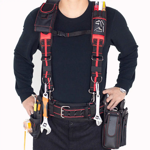 Man wearing Premium Padded Tool Belt Suspenders With Magnetic Clips Heavy Duty Work Gear Tough As Nails 1680D Ballistic Nylon
