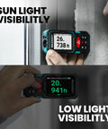 Outdoor Laser Measure 330 Feet With Cam Viewfinder And Adjustable Aluminum Tripod Portable Handle And Protective Case For Easy Outdoor Measuring Long Distance Accuracy To One Sixteenth Inch PowerBurst PowerChirp Tech, sunlight visibility