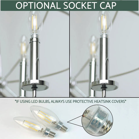 Close-up of chrome socket and LED bulbs for 24-Inch Modern Orb Chandelier With Five Lights In Chrome Finish, Intertwining Ring Design.