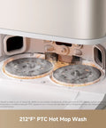 Close-up of Powerhouse Gen 2 All In One Robot Vacuum And Mop With 26000Pa Suction for Pet Hair showing 212°F hot mop wash system.