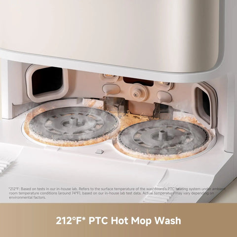 Close-up of Powerhouse Gen 2 All In One Robot Vacuum And Mop With 26000Pa Suction for Pet Hair showing 212°F hot mop wash system.