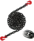Heavy Duty Three Eighth Inch By Twenty Feet G80 Binder Chain With Clevis Grab Hooks, coiled, red hooks visible
