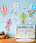 Hot Air Balloon Wall Decals For Kids Room, Cute Animal Cloud Stickers on nursery wall with crib, colorful balloons.