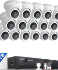 All In One 16 Channel 4K PoE Security Camera System With Face Recognition And AcuSearch AI Detection, shown with 12MP NVR and 16 HD Cameras, including 4TB Storage for surveillance.