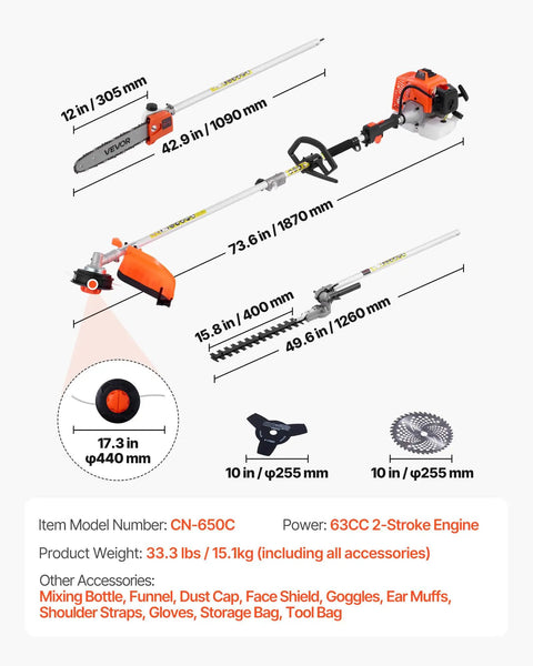 Gas Hedge Trimmer Combo With 63cc 2 Cycle Engine Five In One Multi Tool featuring pole saw, hedge trimmer, and accessories.