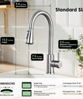 Premium Stainless Steel Pull Down Kitchen Faucet With Three Mode Spray Head showing dimensions and standard size specifications.