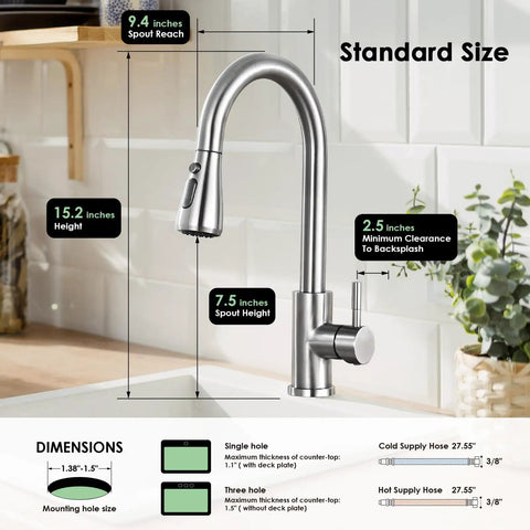 Premium Stainless Steel Pull Down Kitchen Faucet With Three Mode Spray Head showing dimensions and standard size specifications.