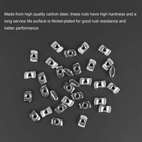 100 Pack M3 T Slot Hammer Head Nuts For 2020 Aluminum Profile Heavy Duty Nickel Plated Steel Fasteners scattered on black surface.