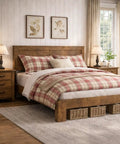 Rustic King Size Wooden Platform Bed Frame With Tall Headboard Open Horizontal Bar Design Natural Wood Grain Farmhouse Bedroom Foundation Built Different For Total Sleep Vibes in a cozy farmhouse setup with plaid bedding.