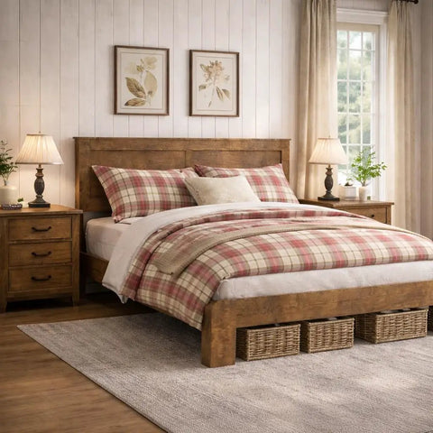 Rustic King Size Wooden Platform Bed Frame With Tall Headboard Open Horizontal Bar Design Natural Wood Grain Farmhouse Bedroom Foundation Built Different For Total Sleep Vibes in a cozy farmhouse setup with plaid bedding.