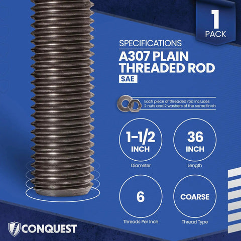 Built Tough 1-1/2 Inch UNC Coarse All Thread Rod 36 Inch With Nuts And Flat Washers, Fully Threaded Steel, ASTM A307 Grade A Carbon Steel, Right Hand Threads, 6 TPI, Unfinished Finish, 1 pack